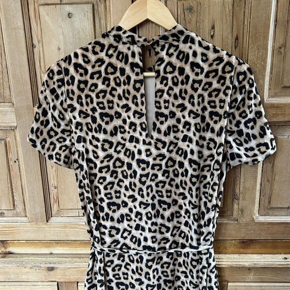 Avec Les Filles 10 Leopard Print Dress Mock Neck Short Sleeve Belted - Picture 15 of 16